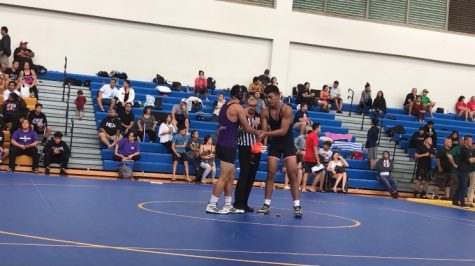 Two wrestlers shaking hands at a tournament on Maui. Photo by Angelika Ramos.