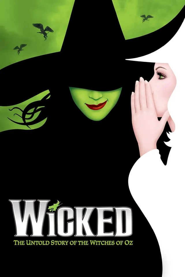 This is the poster for the Broadway adaptation of 'Wicked' showing Glinda whispering a secret into the ear of Elphaba