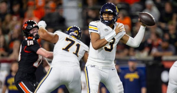 Jaron-Keawe Sagapolutele played against Oregon State, Reser Stadium, Aug. 30, 2025 resulting the Golden Bears first win of the season.