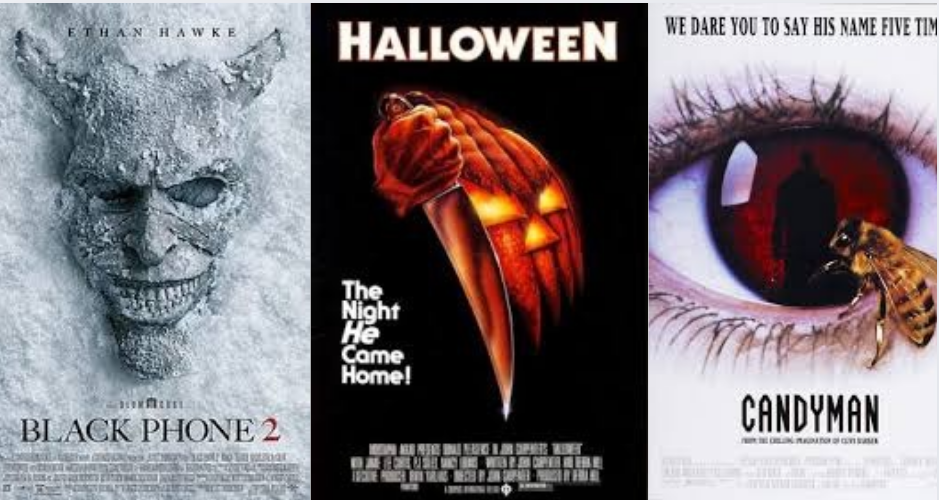 A compilation of the theatrical posters for the following movies (left to right): Black Phone 2, Halloween, and Candyman. (Compiled in Canva)